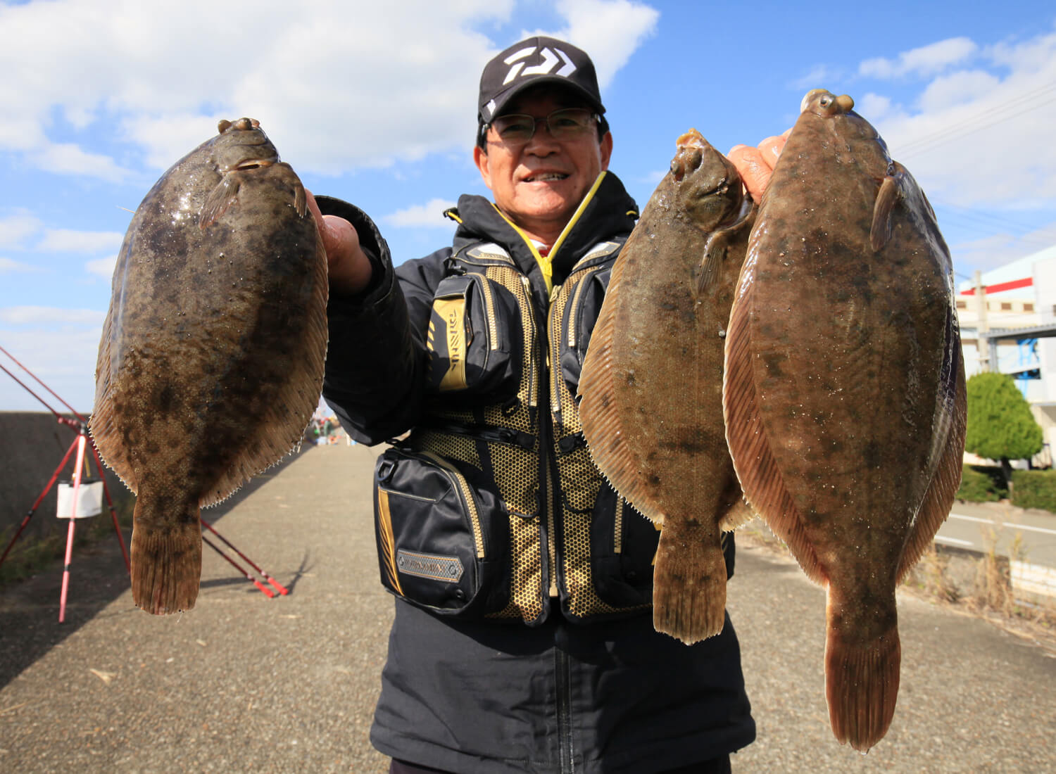 北陸路沿いで見られる良型カレイの釣果に釣り人たちが賑わう